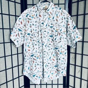 Duffel fishing print button down shirt sz M